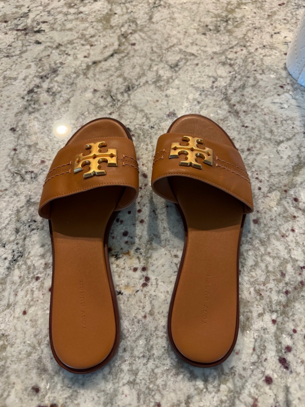Tory Burch Cognac Leather Logo Slide Sandals